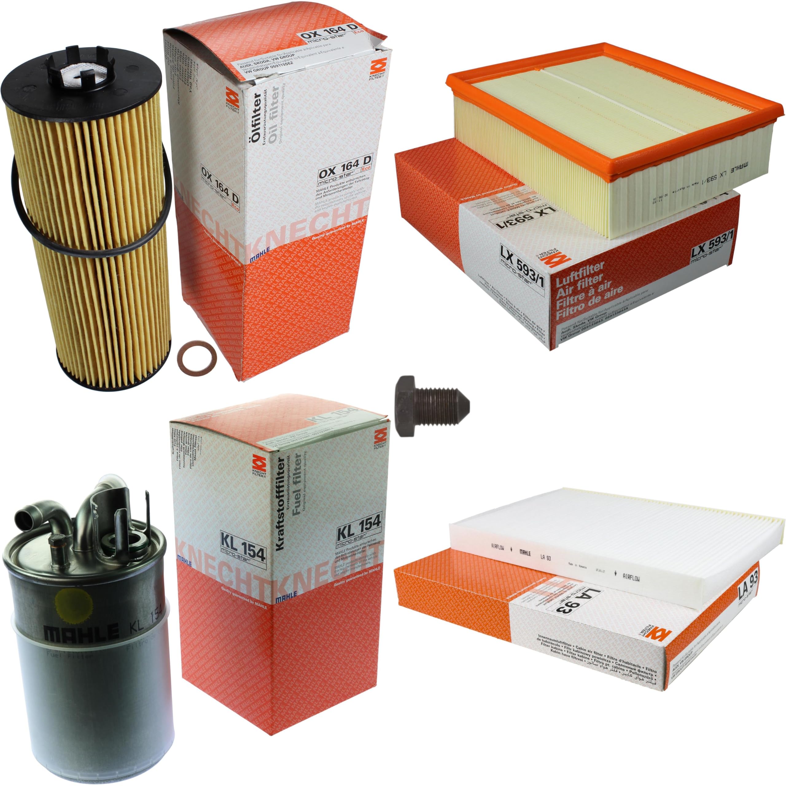 Paquete de inspección Kit de mantenimiento con filtro de aceite OX 164D, filtro de aire LX 593/1, filtro de combustible KL 154, filtro de habitáculo LA 93, tornillo de cierre