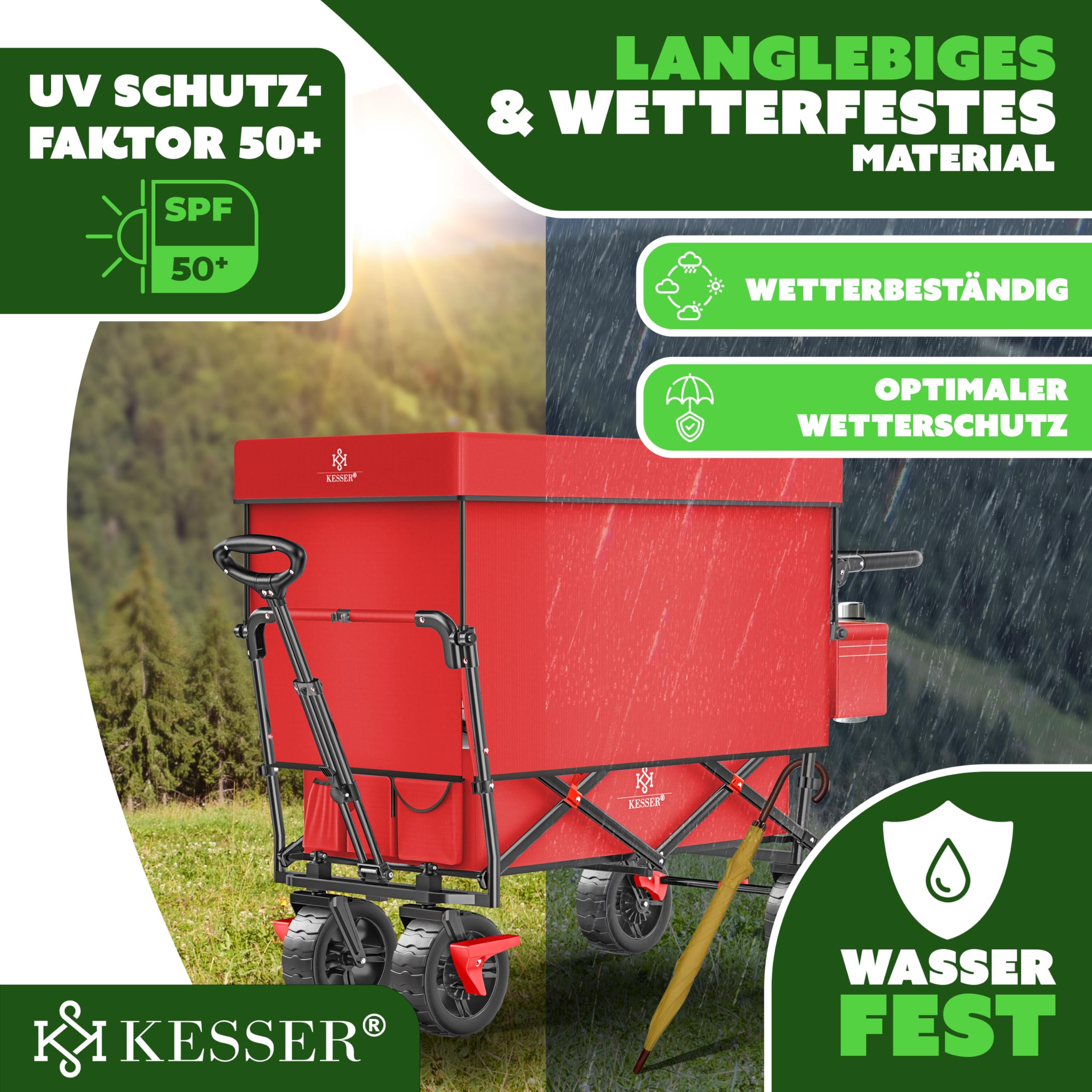 KESSER® Bollerwagen faltbar GT9000 Handwagen mit Dach | Transportwagen max. belastbar bis 150kg mit Hartgummi-Räder & Feststellbremsen (Vorne & Hinten) | Inkl. Schloss, Abdeckung, Wetter & Sichtschutz