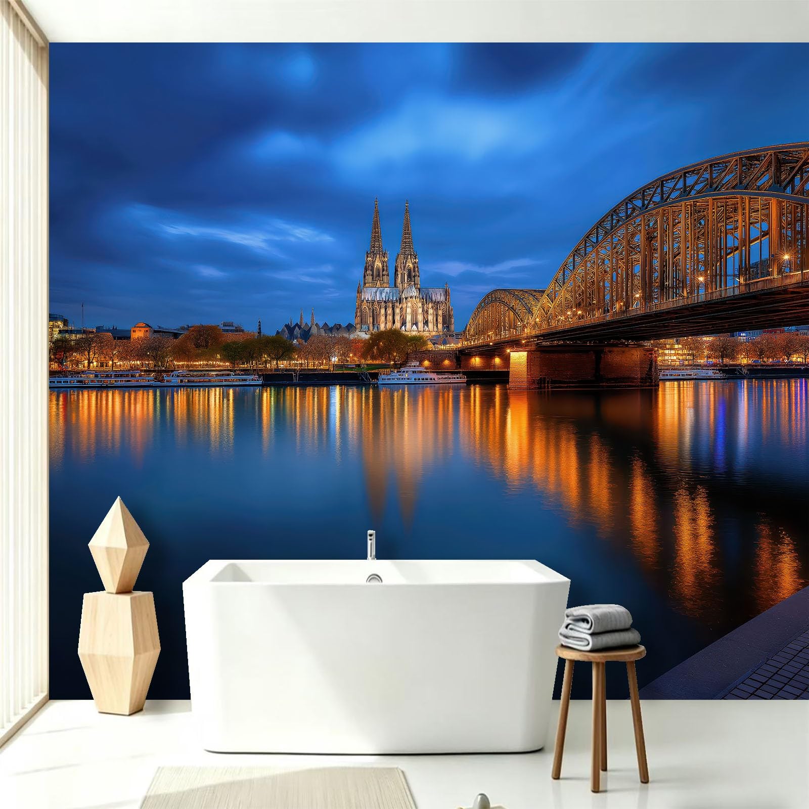 Genérico 3D Papel pintado Ciudad Puente Río 150x105cm - Papel pintado panorámico mural - Póster nocturno urbano Skyline - Decoración para sala de estar, dormitorio, cocina y baño