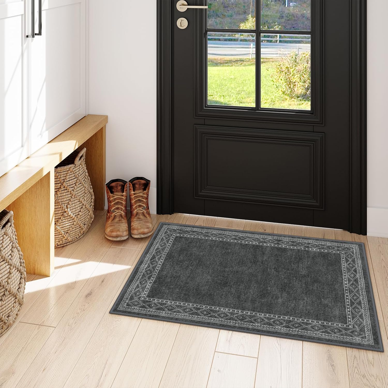 Lahome Modern Bordered 2x3 Rugs for Entryway Bedroom, Gray Kitchen Rugs Non Slip Washable Ultra-Thin Indoor Door Mat for Entry, Soft Stain Resistant Throw Carpet for Laundry(2x3ft,Gray)