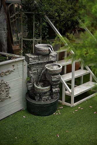 Miniatura 7 de Cheng Pin Fuente de agua para exteriores, cuencos en cascada de 28 pulgadas de alto y diseño de piedras apiladas, crea una función de agua relajante