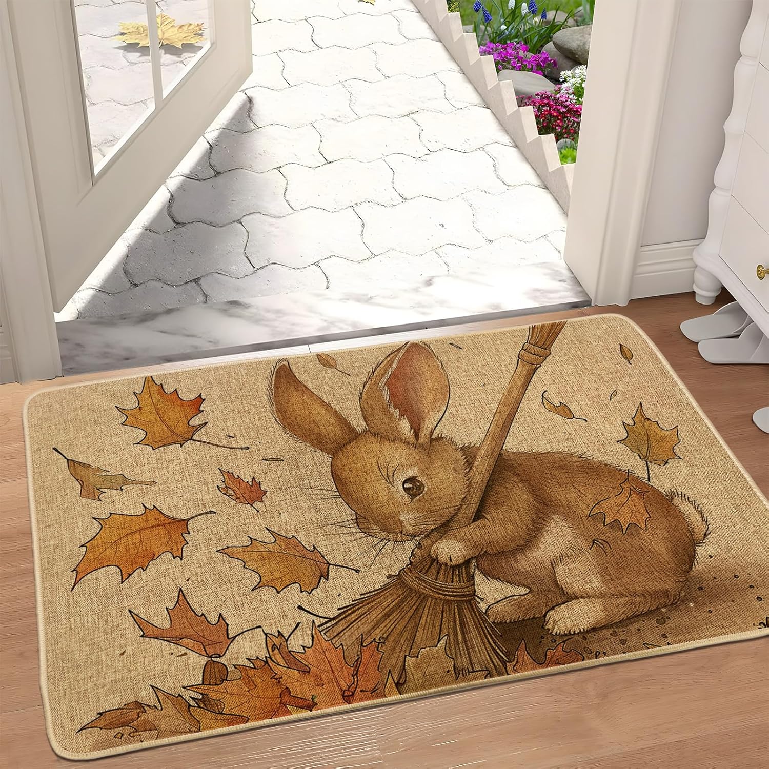 Fall Bunny Doormat, Cozy Brown Rabbit Door Mat for Outdoor & Indoor Entrance Autumn Decor, Non-Slip Waterproof Absorbent Front Doormat, Easy Clean 29x17 Inch