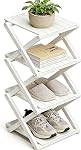 Bamboo Shoe Rack - No Assembly Required, Tall Narrow Foldable Shoe Organizer, Space-Saving Multifunctional Shelf for Entryways, Corners, Bedrooms, Balconies, 5 Layer White (Reinforced and Thickened)