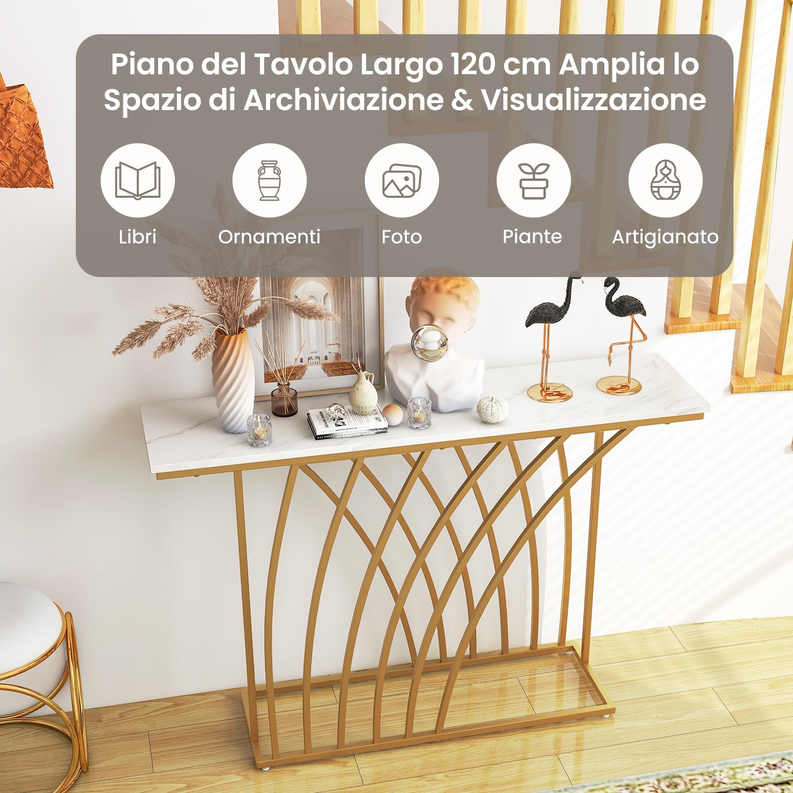 COSTWAY Tavolo Consolle, Tavolo da Ingresso Moderno con Piano Effetto Marmo Bianco, Base Geometrica, Tavolo Lungo e Stretto da Divano per Soggiorno e Ingresso