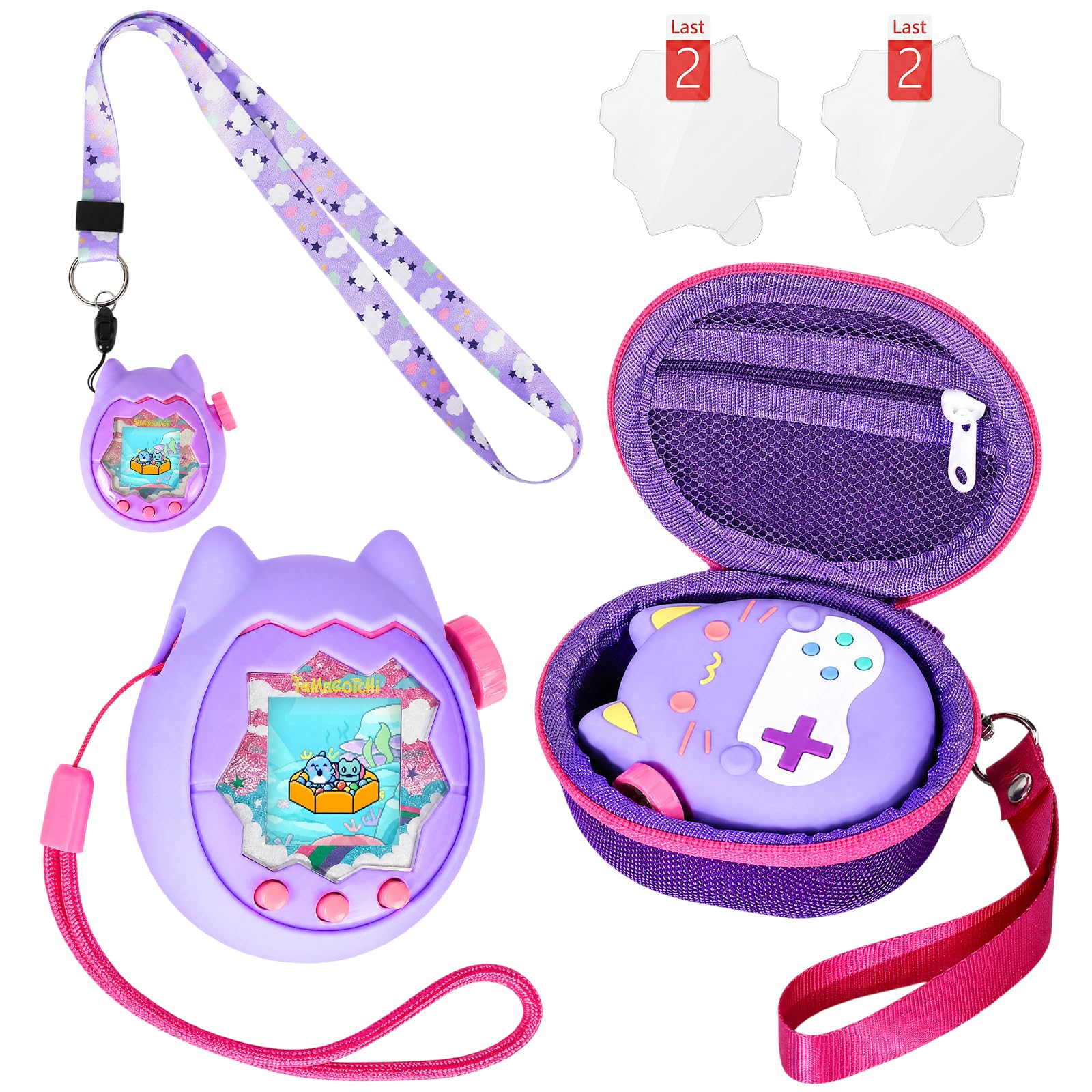 Silikon Hülle und Hartschalenkoffer kompatibel mit Tamagotchi Paradise Virtuelles Haustierspielzeug, Schutzhülle für Tamagotchi Paradise mit Handschlaufe, Bildschirmschutz und Umhängeband (Lila)