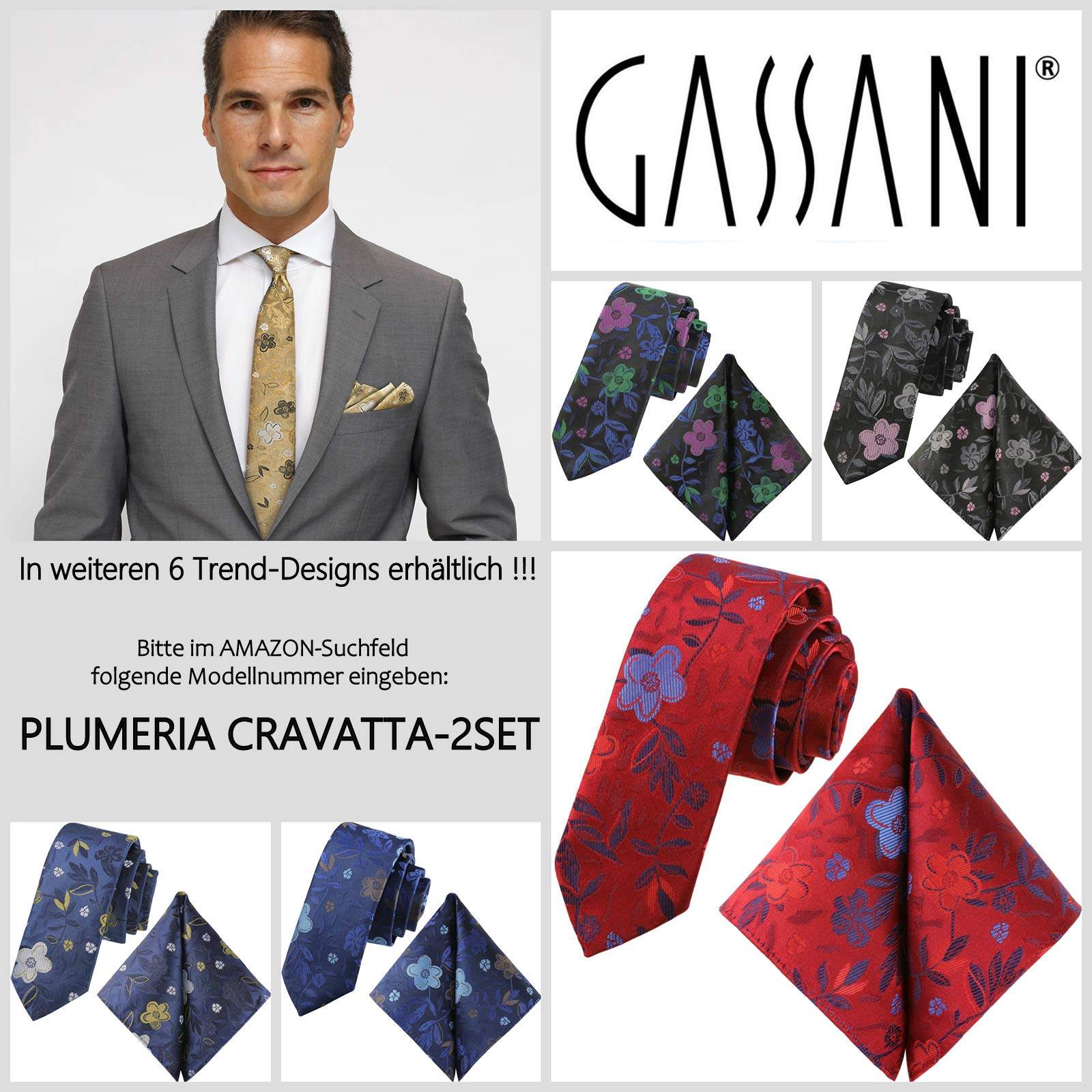 GASSANI Set Cravatta Uomo Sottile Con Fantasia Floreale, Lunghezza Extra, Larghezza Slim 6 Cm, Con Pochette Fazzoletto - 6 Colori Satinati