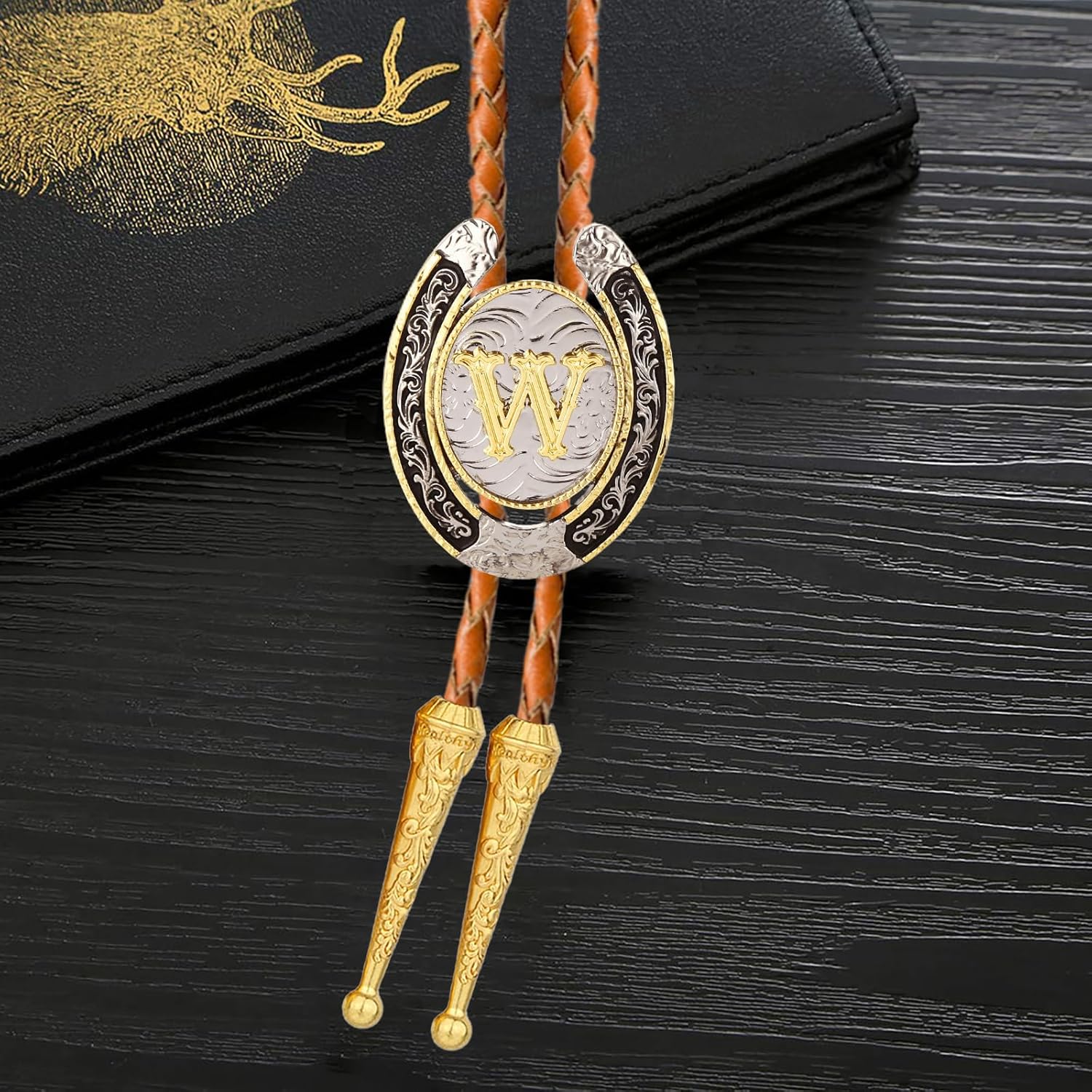 Bolo tie for Men Western Cowboy Brown Leather Necktie Gold Initial Letter ABCDJMR to Z Bolo ties for Women - Image 5