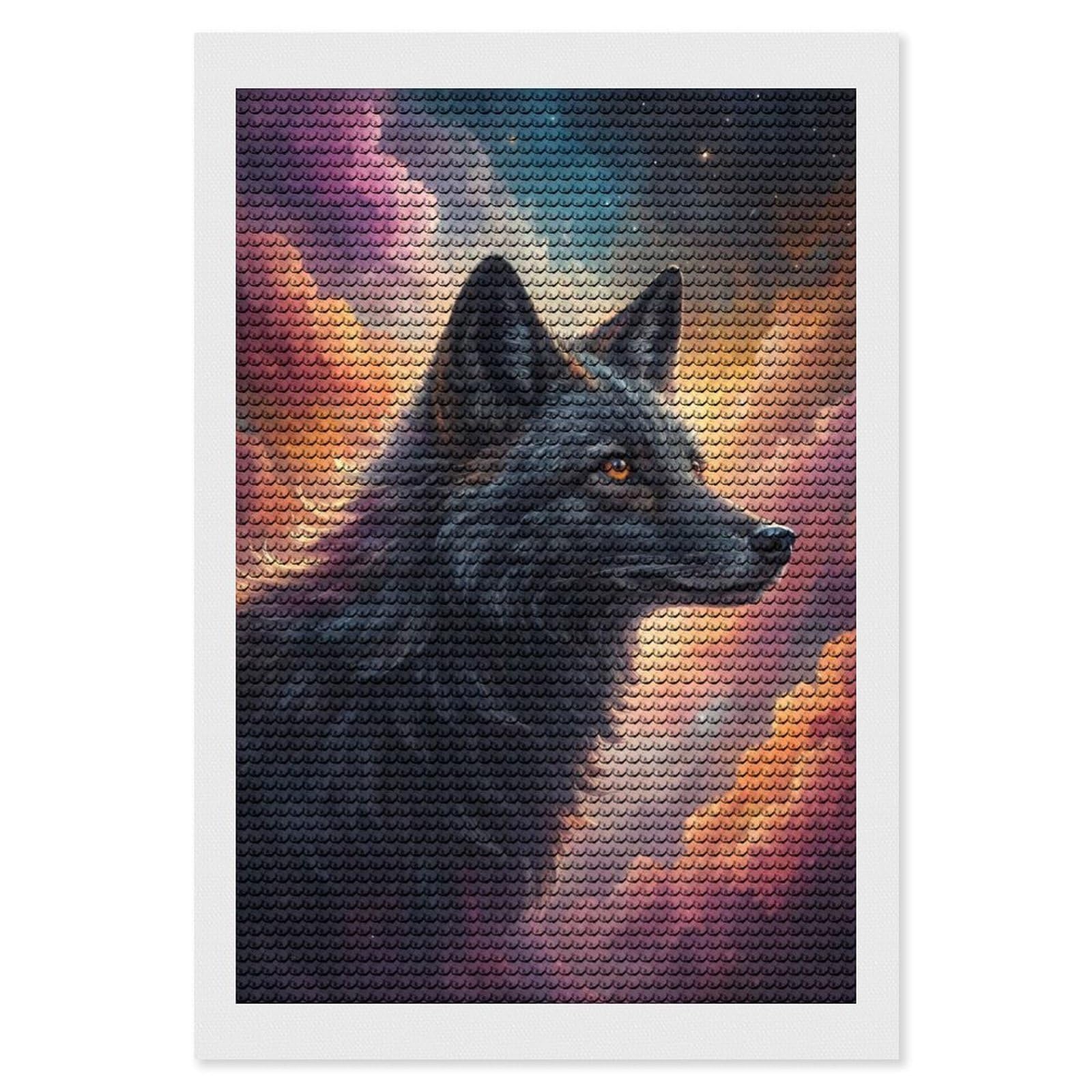 Junmoney Black Wolf in Cosmic Clouds Diamond Painting Canvas Kit 8"x12", Round Gems, Living Room Decor, Seasonal Gift Choice, Modern Decor