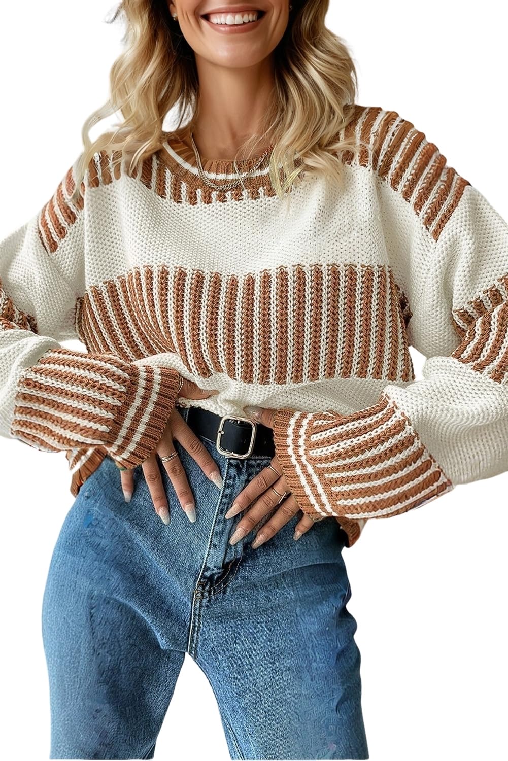 Sweater for Women Light Blue Two Tone Striped Patchwork Drop Shoulder Casual Loose Sweater Long Sleeve Tops