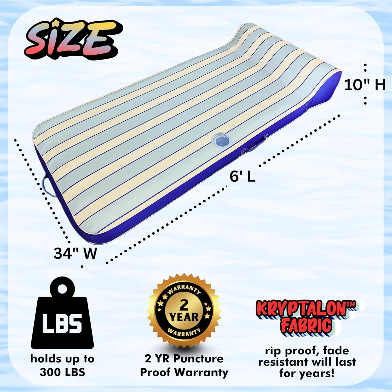 Large Inflatable Pool Float Raft – 72” Fabric Covered Water Lounger Mattress with Comfortable Headrest, Floating Mat for Adults & Kids. Retro Blue & White Striped