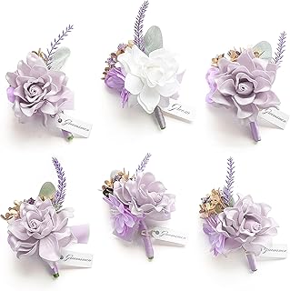 Floroom Set of 6 Purple Lilac Lavender Foam Rose Boutonnieres with Pins for Men Wedding for Groom Groomsmen Wedding Ceremonies Anniversaries Formal Dinners Parties Proms