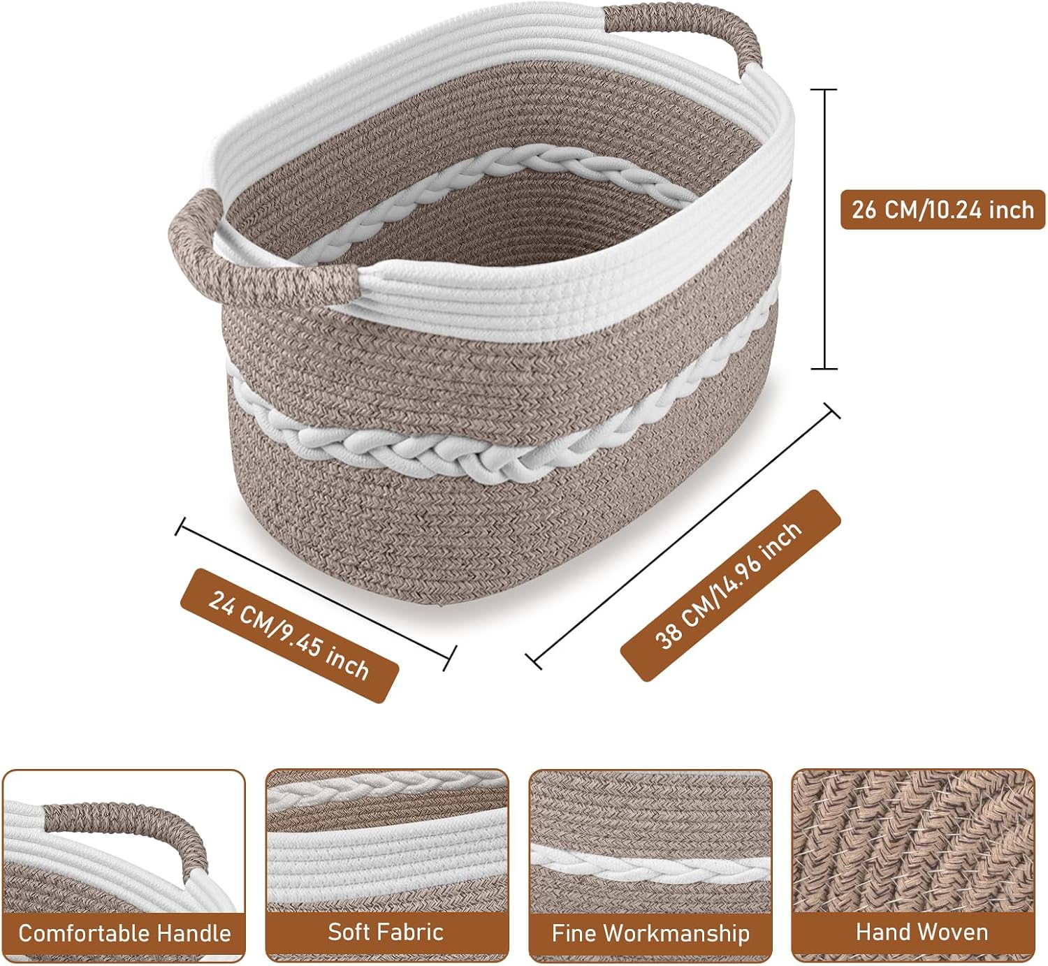 Cotton Rope Storage Basket, Rectangle Woven Baskets with Handles for Shelves, Home Organizer Storage Bins Cubes, Toy Laundry Towel Basket for Living Room Bathroom, 15x10x9.5 Inches, Pack of 3