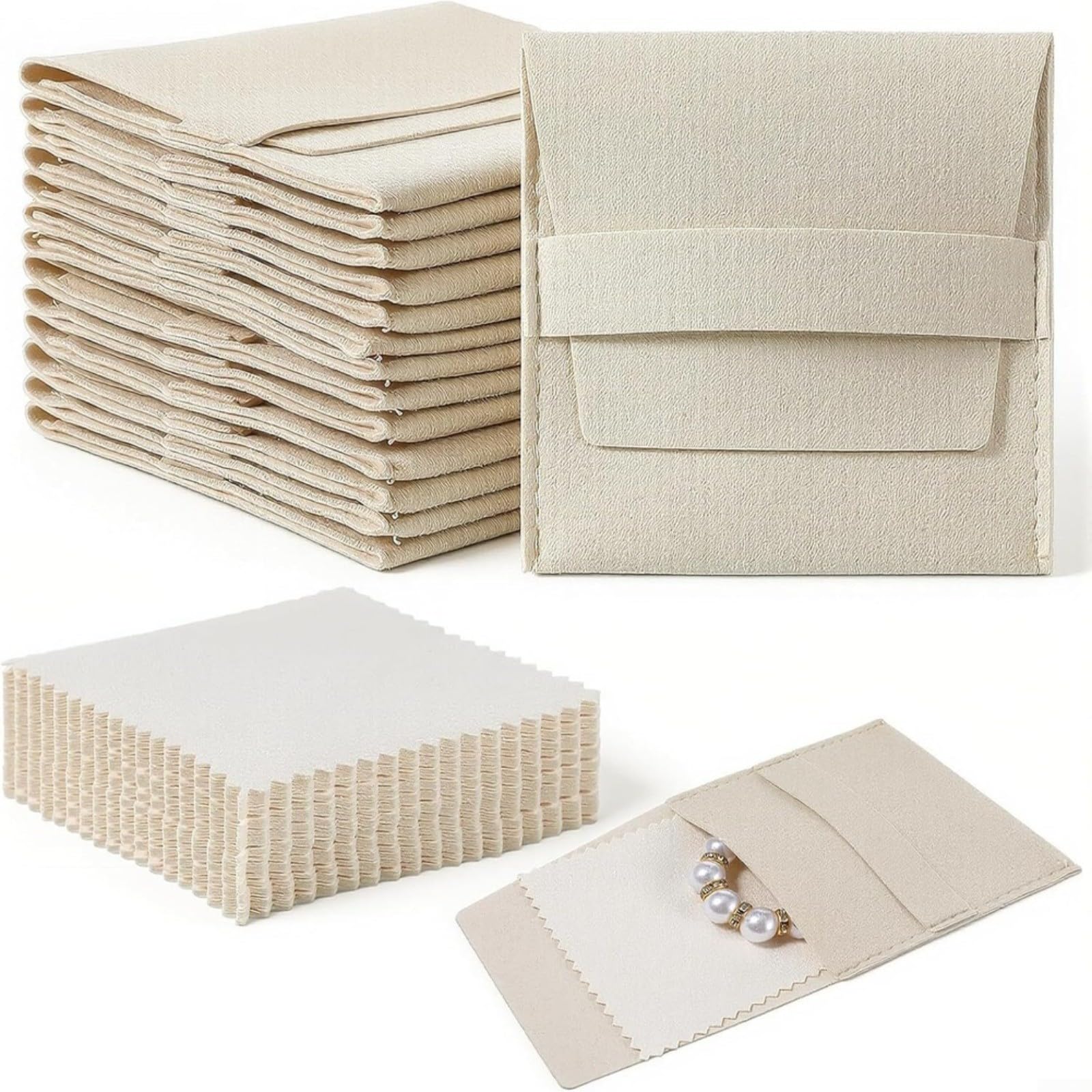Bolsas de almacenamiento de joyas de microfibra suave 8x8cm con correa Beige 120 piezas de viaje