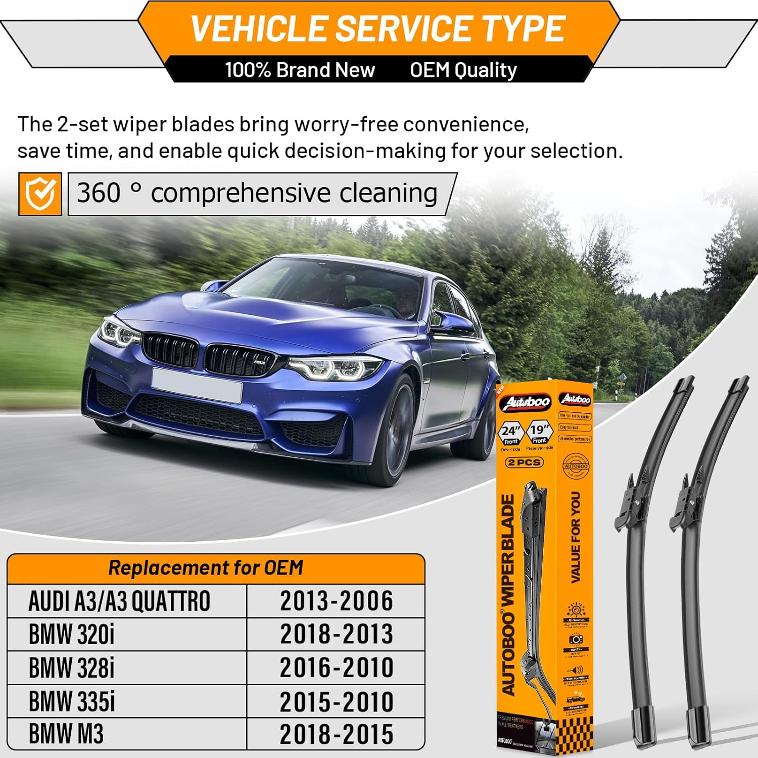 AUTOBOO 24"+19" Windshield Wipers Replacement for BMW 320i 2013-2018 328i 2010-2016 335i 2010-2015 M3 2015-2018 Audi A3 QUATTRO 2006-2013 -Original Factory Quality (Pack of 2)