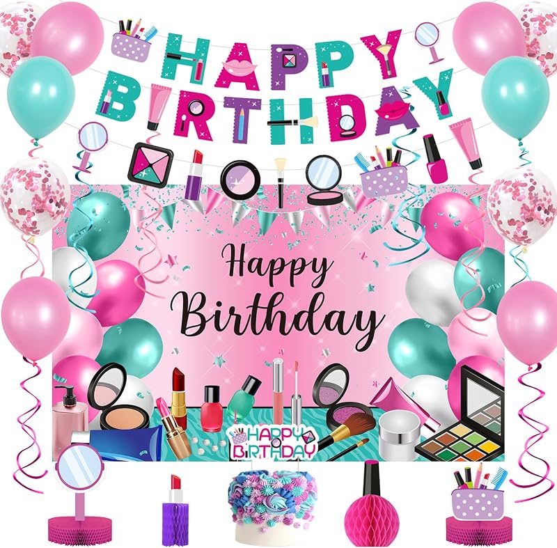 Roetyce Makeup Birthday Party Decorations for Girls Women | Makeup Happy Birthday Banner Balloons Hanging Swirls Cake Topper Kit, Pink Spa Themed Birthday Party Supplies