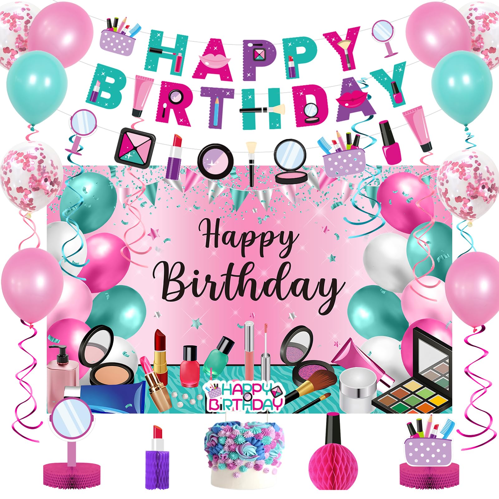 Roetyce Makeup Birthday Party Decorations - 46PCS Kit, Pink Spa Themed Birthday Supplies With Banner, Balloons, Cake Topper