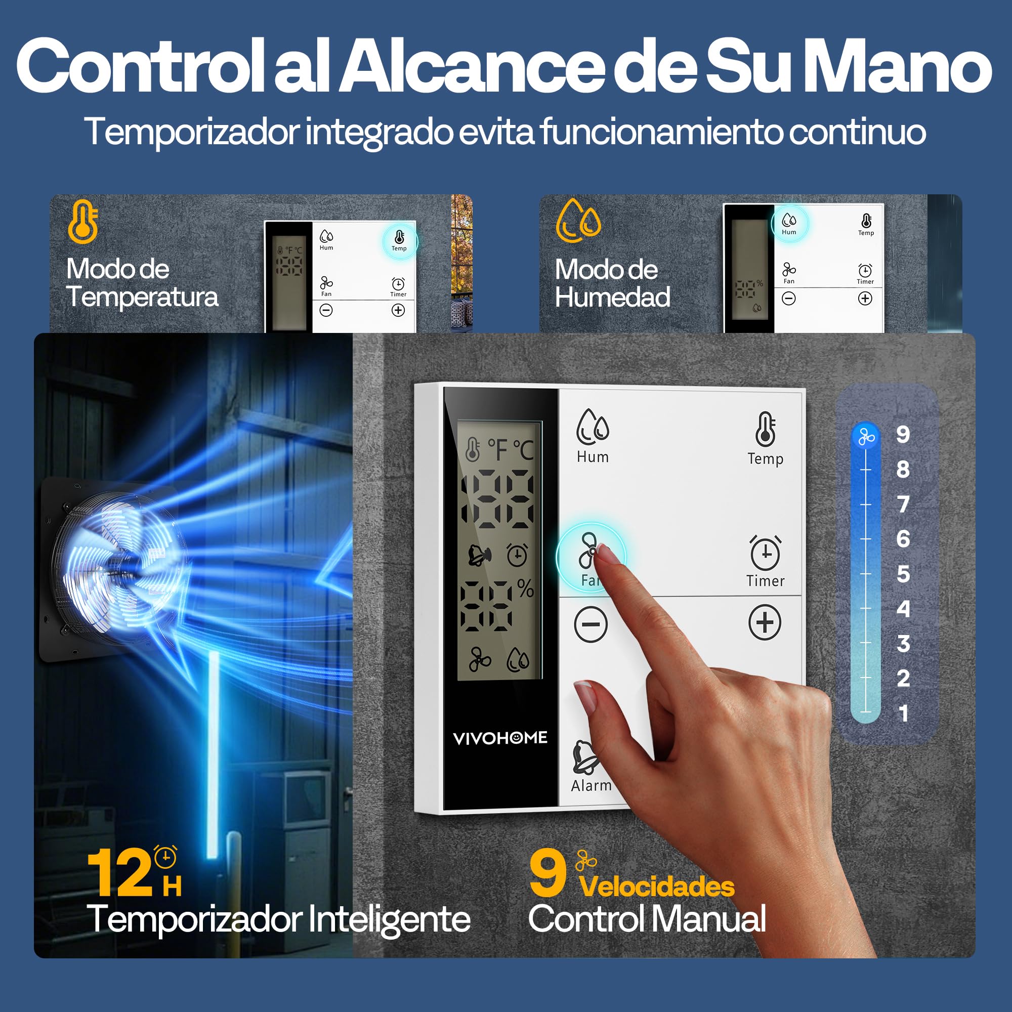 VIVOHOME 300mm Ventilador Extractor de Aire 1305m³/h con Motor EC Temporizador Controlador de Temperatura y Humedad Industrial para Invernadero Sótano Garaje Cocina