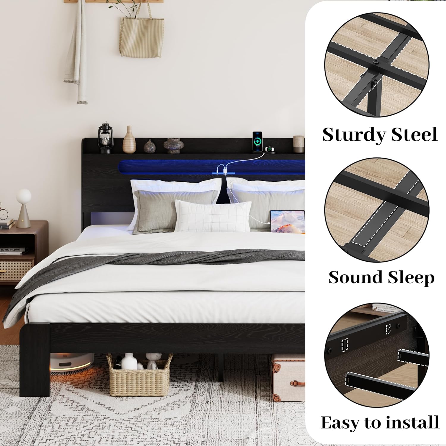 SAMTRA Queen Size Bed Frame with blue LED lights and devices charging in the headboard.