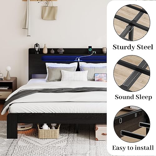 Miniatura 20 de Marco de cama de madera de tamaño matrimonial, cabecera de almacenamiento con estación de carga y luces LED, marco de cama de madera rústico Led