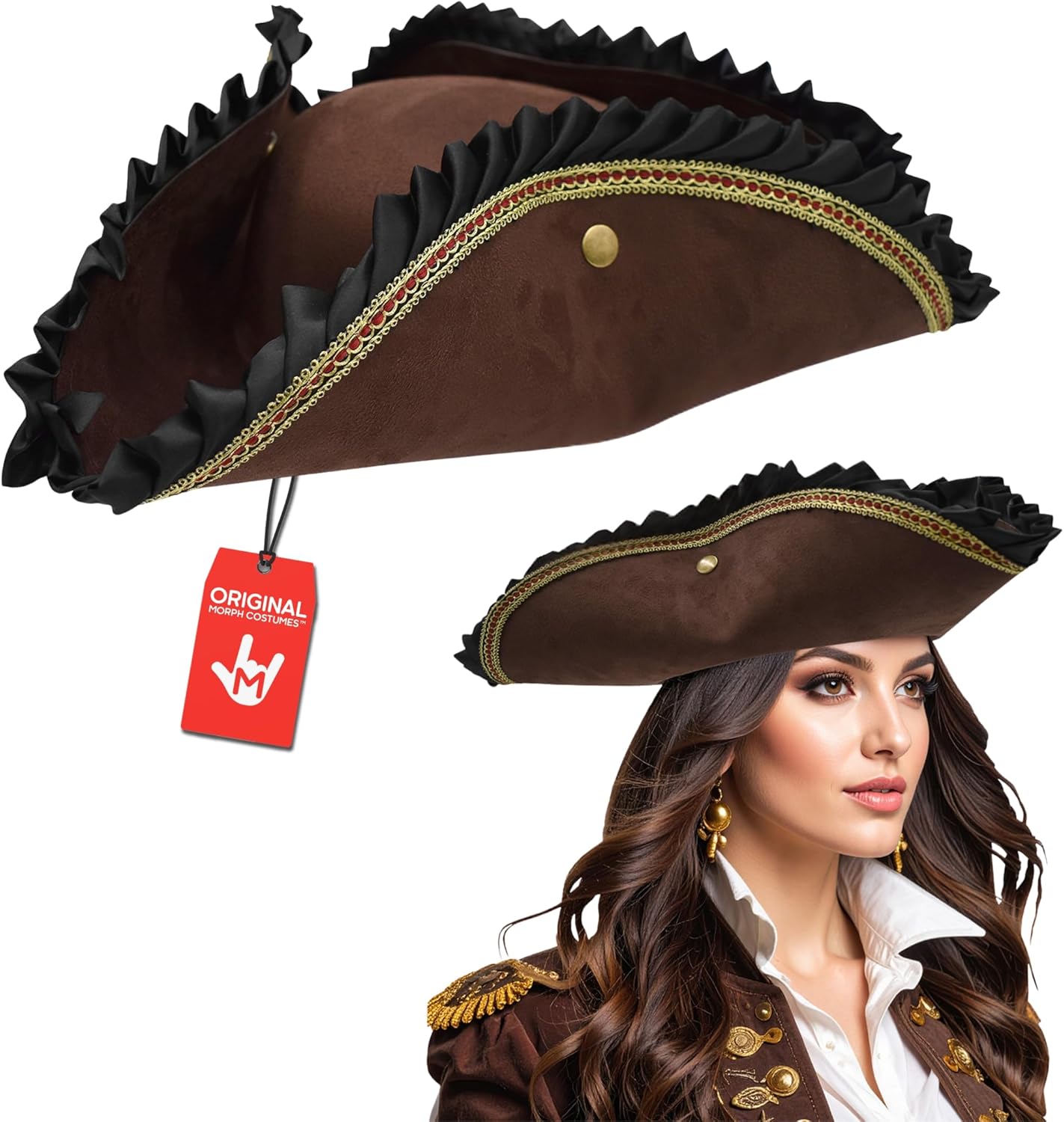 Nicky Bigs Novelties Morph Black Pirate Hat For Women, Tricorn Hat For Adults, Captain Hats, Buccaneer Cap