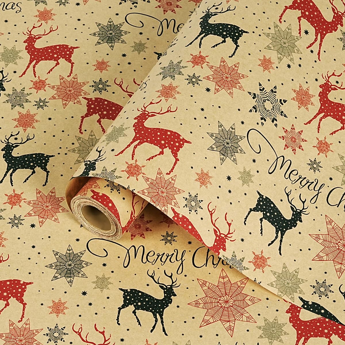 Christmas Wrapping Paper Roll - Brown Kraft Paper with Multicolored Elk Design, 43cm x 10m Vintage Recyclable Brown Gift Wrapping Paper Roll for Christmas New Year Winter Festive Party Decorations