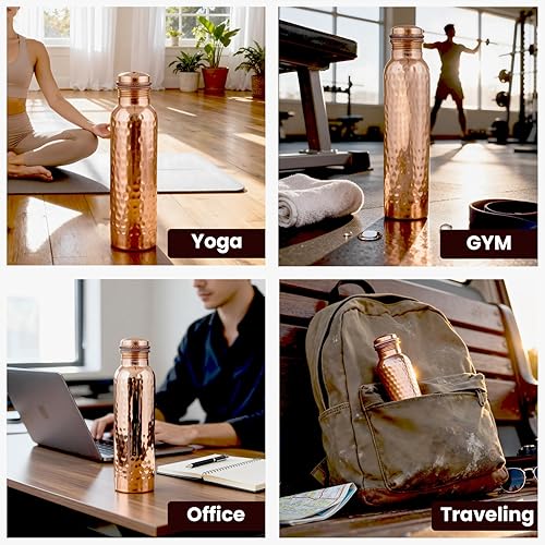 Miniatura 3 de Craft Trade Paquete de 2 botellas de cobre puro con tapa y bolsa de transporte para agua potable, sin BPA, a prueba de fugas, aumenta la inmunidad,