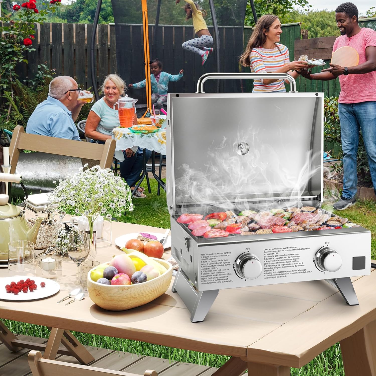 Happygrill Portable Gas Grill Stainless Steel Propane Grill Two-Burner Outdoor BBQ Grill with Foldable Leg for Camping Picnics, 20,000 BTU
