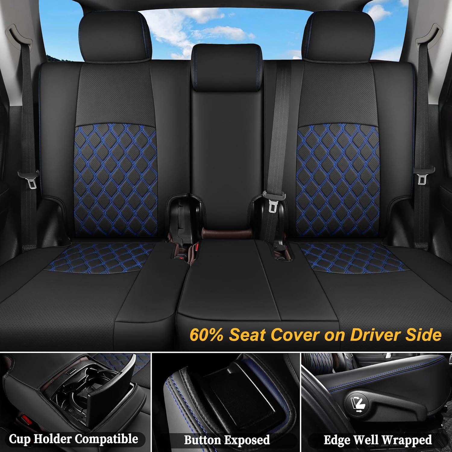 Huidasource Seat Covers for Toyota 4Runner 2011-2024, 3-Row 4Runner Leather Seat Cushion Covers Full Set, 60% Seat Covers on Driver Side(3-Row,7 Seats Model ONLY, Full Set/Black&Red)