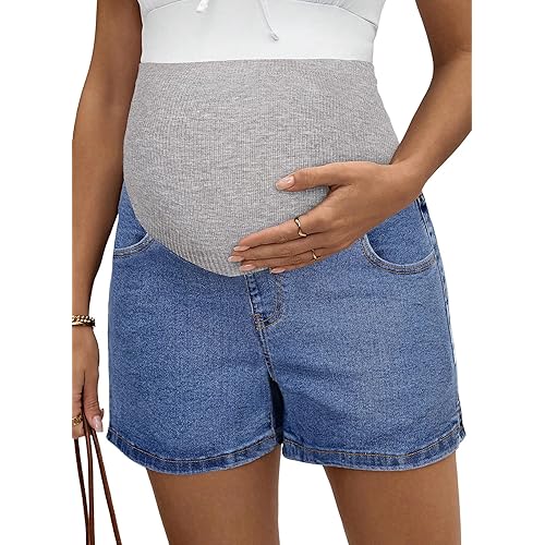 BLENCOT Women's Maternity Denim Shorts Over Belly Pregnancy Lounge Workout Jeans Short with Pockets