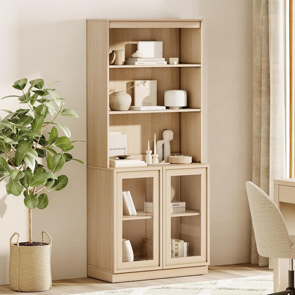 WAMPAT Estantería moderna de 72 pulgadas de alto con puertas de vidrio y estantes ajustables, estantería de biblioteca con gabinete de almacenamiento y estantes abiertos para libros, estante de madera para libros en casa, oficina, sala de estar, beige, 1 unidad