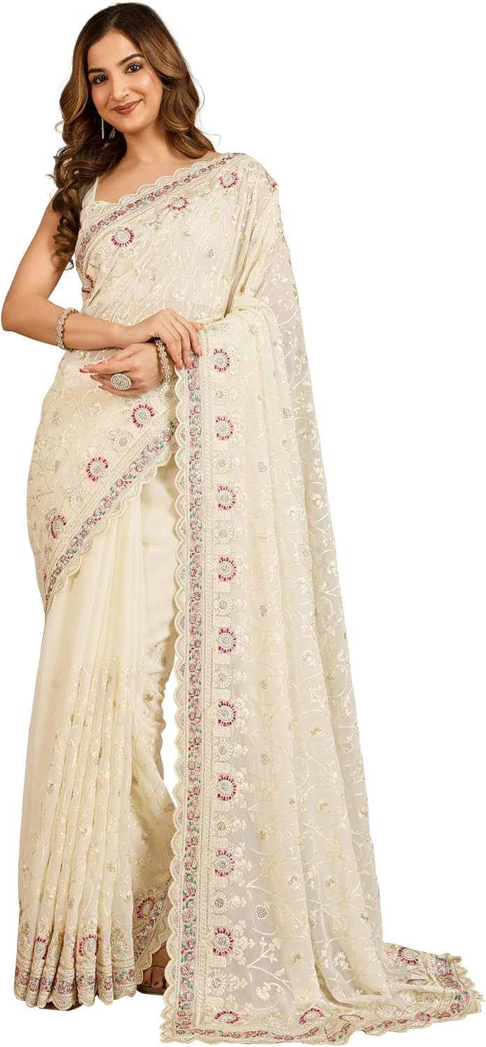 TRENDMALLS Women's Geogette Embroidery Zarkan Work Saree with Unstitched Blouse Piece (K1235-OffWhite)