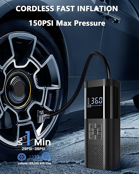 SERVOMASTER Compressore Aria Portatile, Mini Compressore a Batteria con Manometro, Accessori Auto per Gli Uomini Donne, 150PSI Gonfiatore Elettrico con Luce LED Adatto per Auto Moto Bici Palla - 2