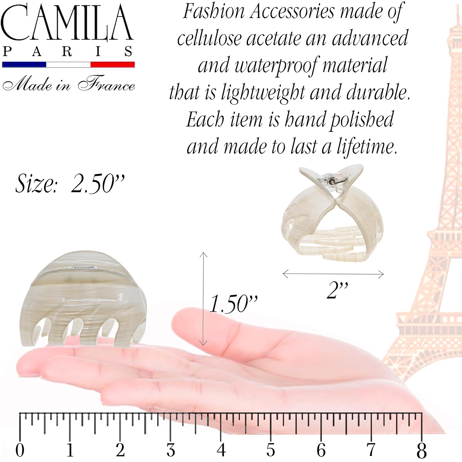 Camila Paris CP3627 French Octopus Hair Clip, 2.5" Small Claw Clips for Thick Hair, Girl Octopus Claw Clip for Women, Strong No-Slip Grip, Wide Jaw Clips for Women, Made in France