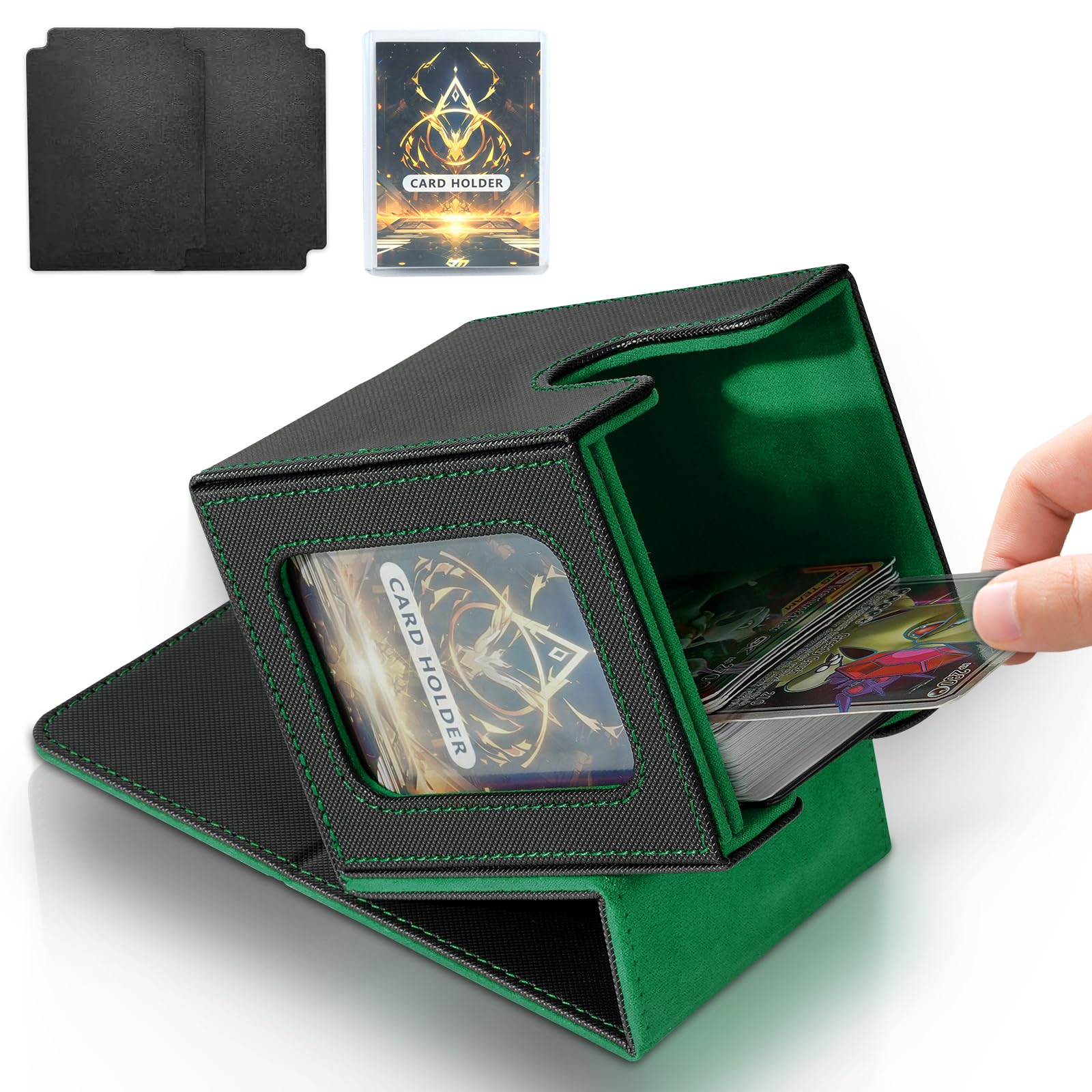 IVODEELA Card Deck Box for MTG Commander,Magnetic Card Display Case with two Dividers,PU Leather Trading Card Storage Box Holds 100 Double-Sleeved Cards,TCG Card Storage Box,Black Green