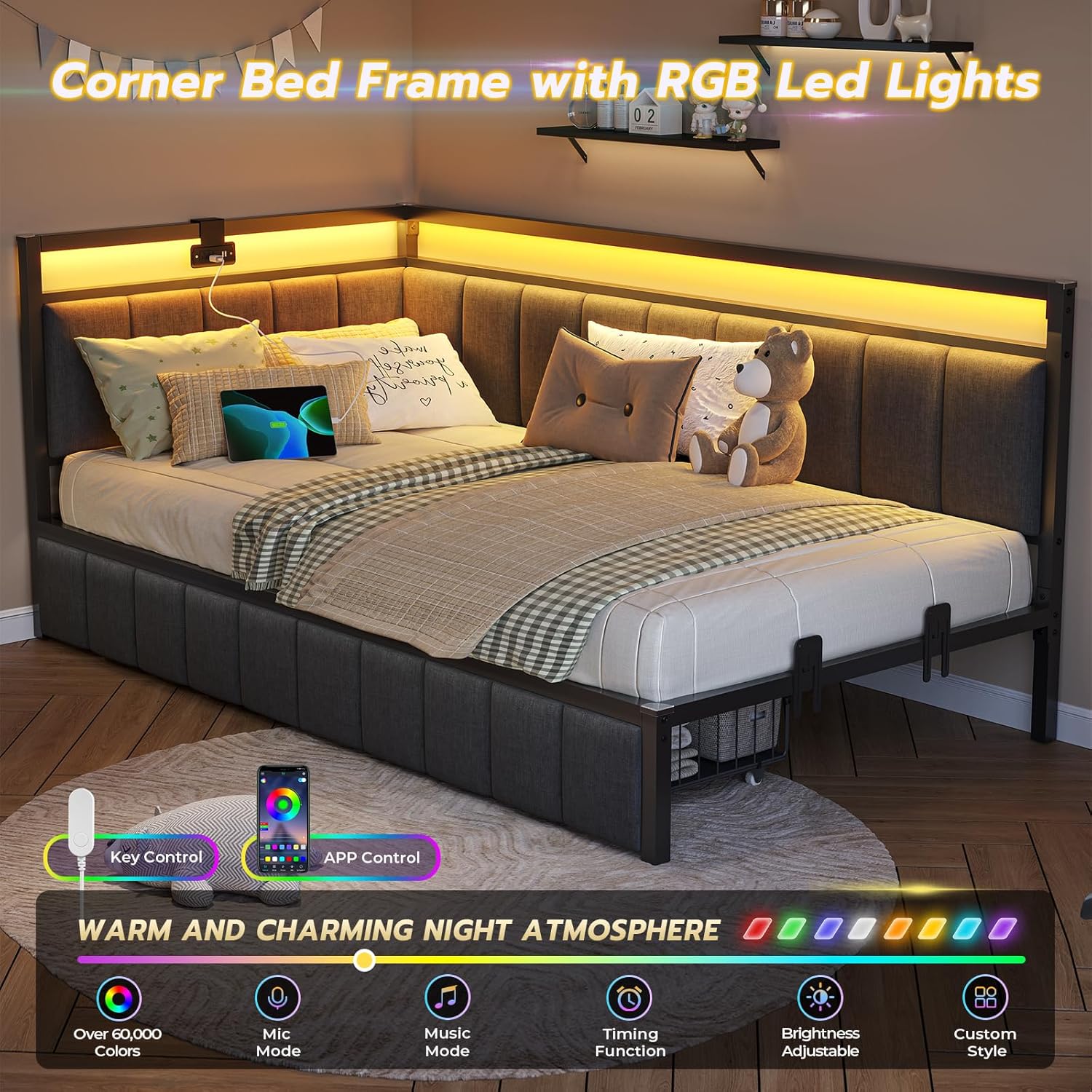 DICTAC Twin Size Bed Frame with 2 Storage Drawers & Charging Station Corner Twin Bed Frame with Storage and Led Lights Twin Size Daybed with Upholstered Guardrail for Kids/Teen,Easy Assemble,Gray Grey Twin