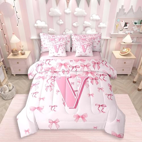 jejeloiu Girls Pink Bow Comforter Set Twin Size 7 Pieces for