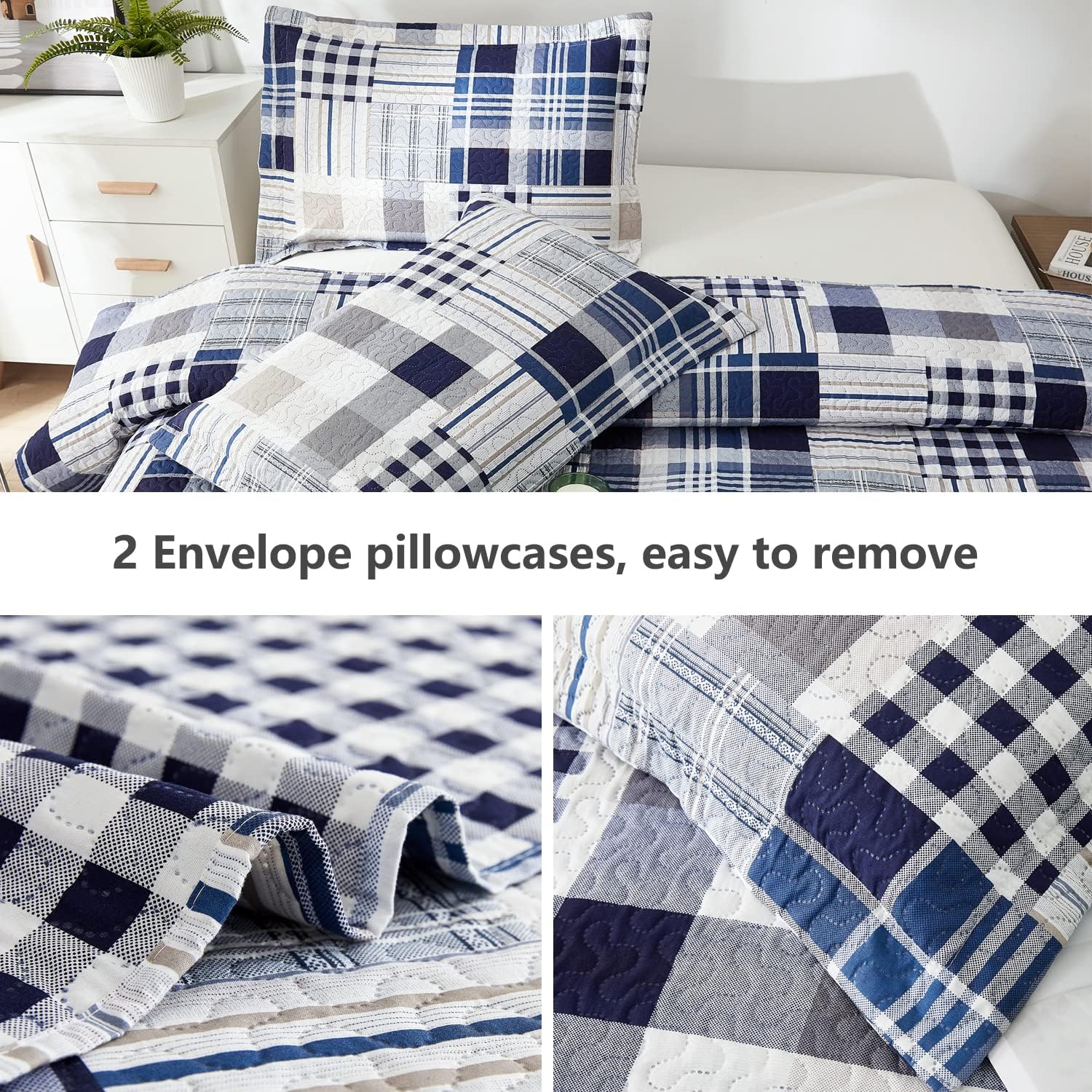 Jarson Patchwork Bedding Plaid Quilts Set Twin Size, 3Pcs Navy Blue Buffalo Bedspreads Summer Lightweight Coverlet Pillow Shams - Image 6