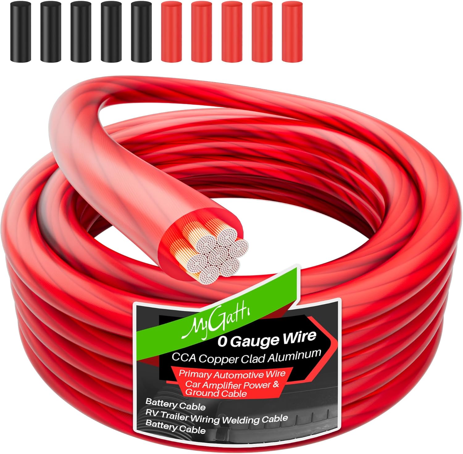 0 Gauge Wire 25FT, Copper Clad Aluminum, Primary Automotive Wire, 1/0 Car Amplifier Power & Ground Cable, Car Audio Speaker, RV Trailer, Amp, Red Translucent Jacket, CCA, with 10 Heat Shrink Tubing