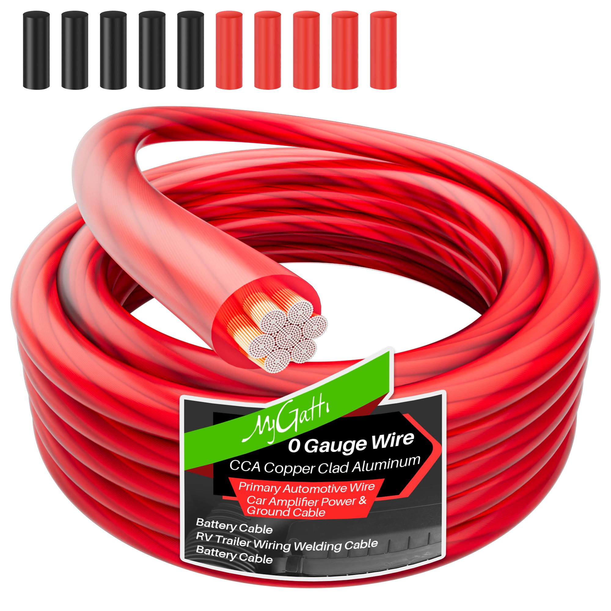View 1 of 0 Gauge Wire 15FT, Copper Clad Aluminum, Primary Automotive Wire, 1/0 Car Amplifier Power & Ground Cable, Car Audio Speaker, RV Trailer, Amp, Red Translucent Jacket, CCA, with 10 Heat Shrink Tubing