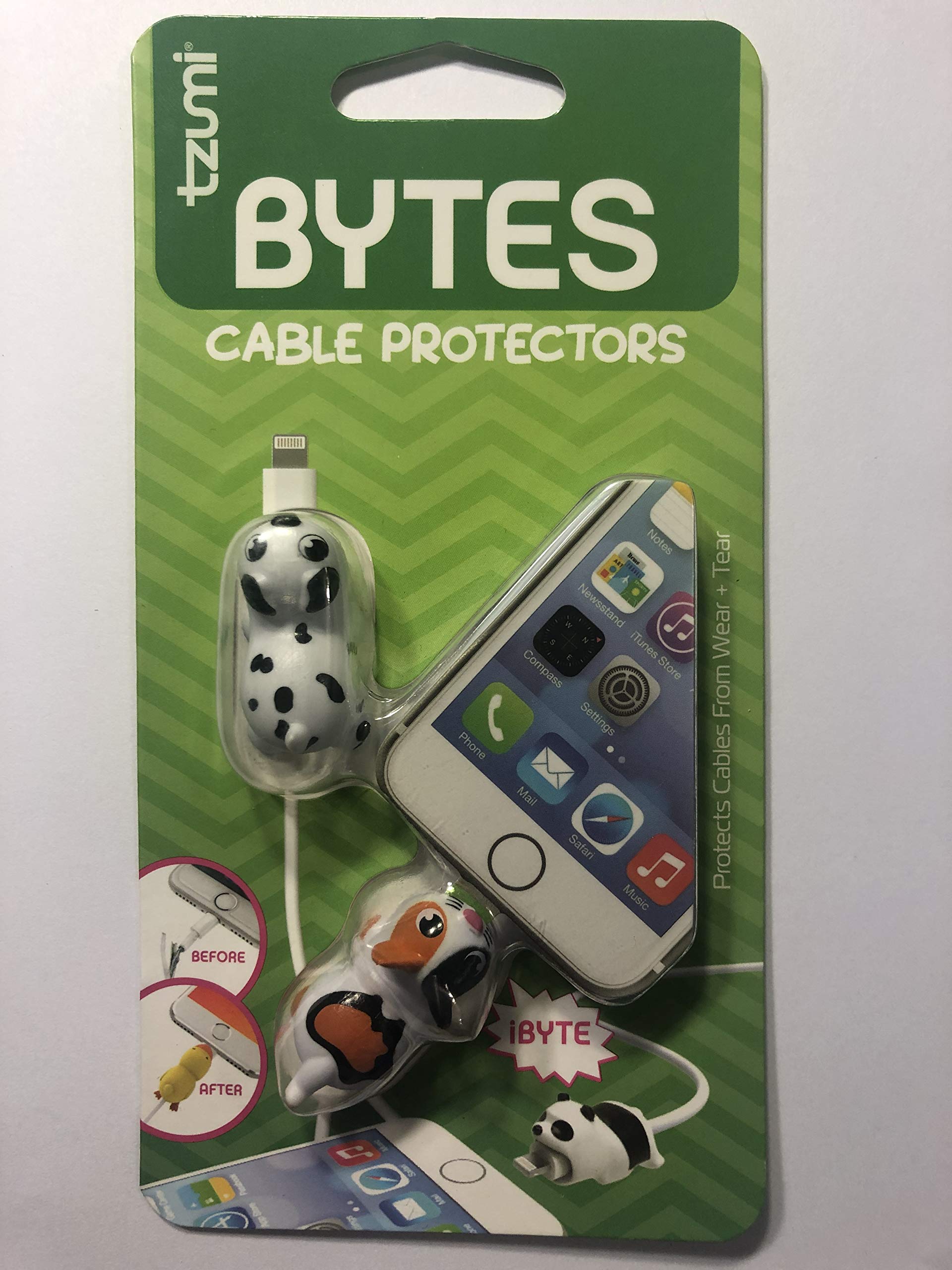 Tzumi Bytes Cable Protectors for iPhone/iPad USB Cable, Cute Animals Charging Cable Saver, Phone Accessory Protect USB Charger (Dalmatian and Cat)