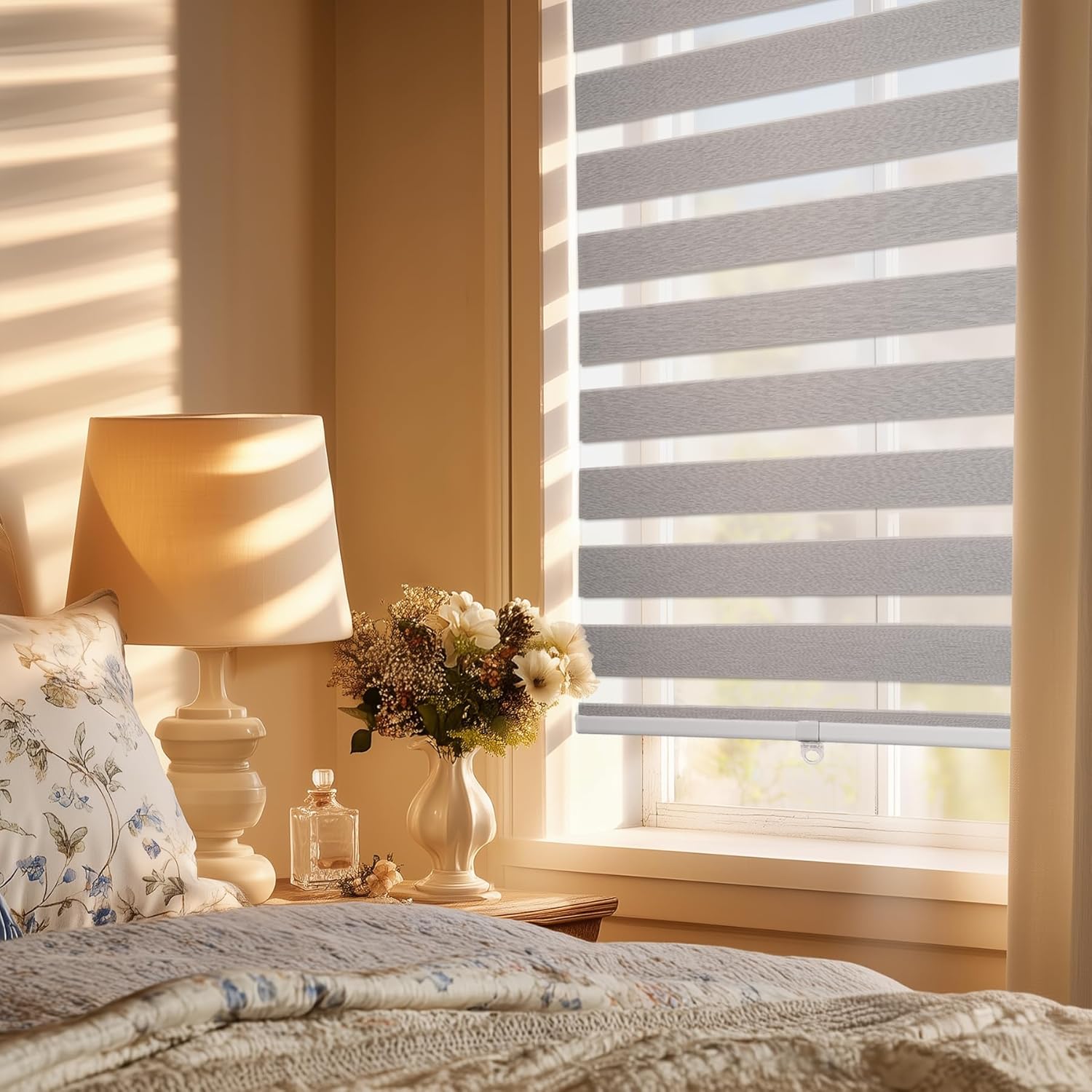 HESTIA Cordless Light Filtering Zebra Shades, Linen-Like Fabric Blinds for Indoor Windows, Dual Layer for Day & Night Light Control in Bedroom/Living Room/Office, Grey, 35" W X 54" H