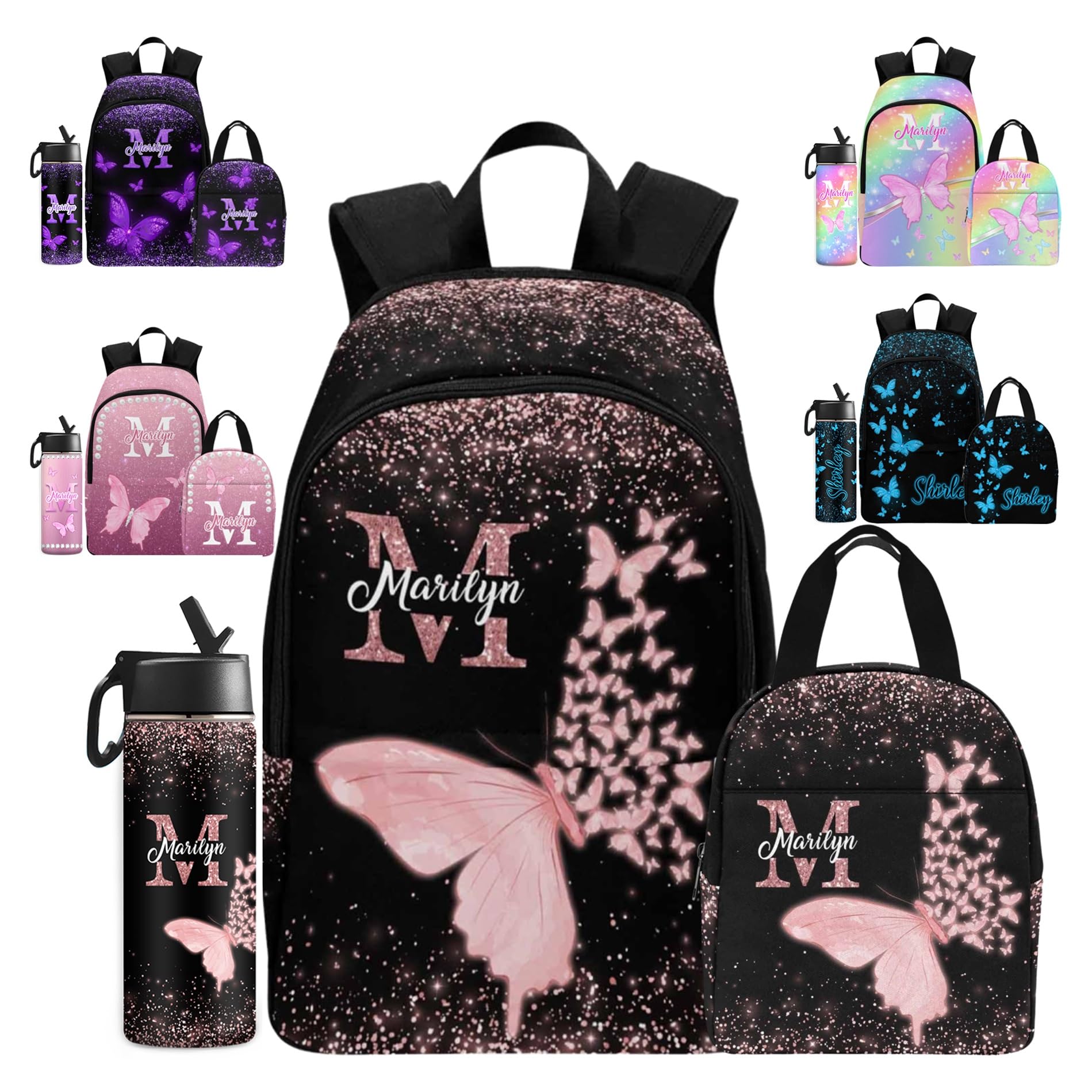 MyPupSocks Custom Girls Backpack with Lunch Bag, Custom Glitter Butterfly School Bag for Girls Personalized Kids Casual Daypacks Multipurpose Backpack