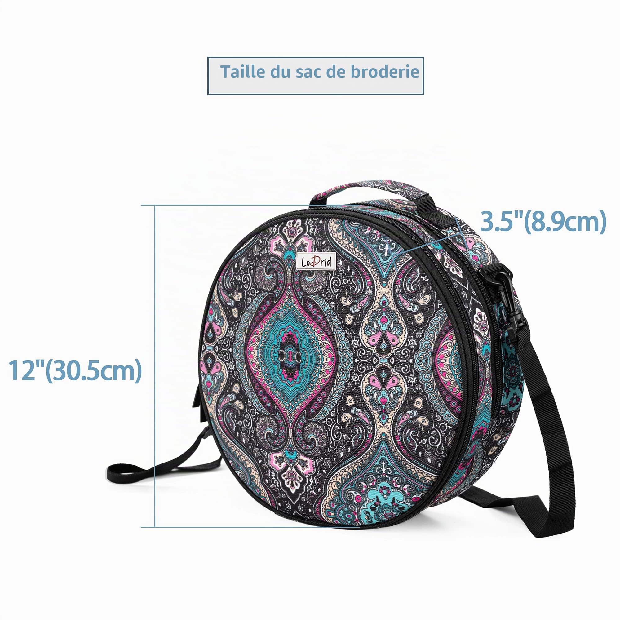 LoDrid Sac de Rangement Rond à Double Compartiment pour Broderie, Totem | Sac pour point de croix et kits de broderie, avec poignée et bandoulière (sac vendu seul)