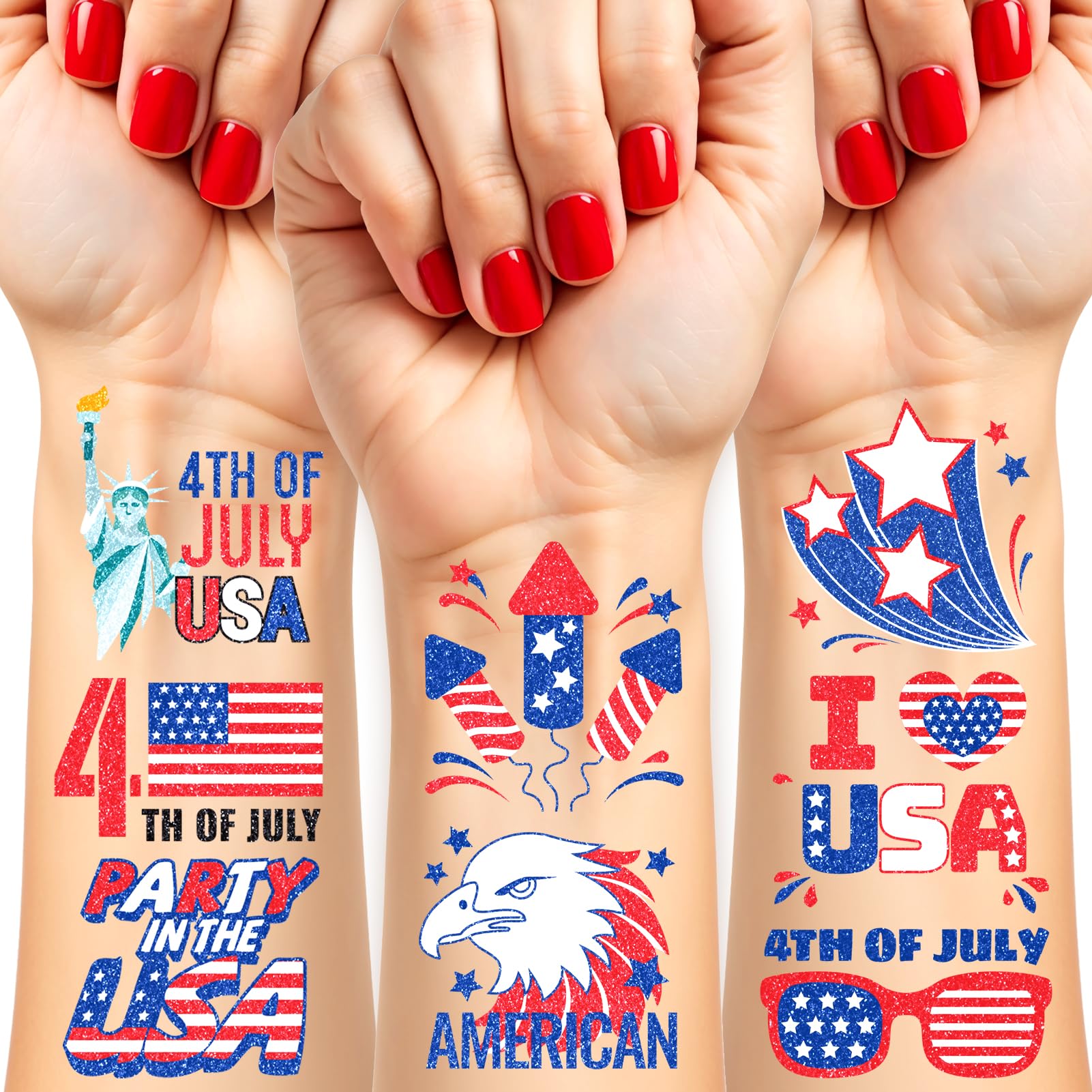 Partywind 60 Pcs Labor Day Decorations, Glitter USA Patriotic Tattoos Sticker, 4th of July Outfits for Women, Red White and Blue Accessories, Memorial
