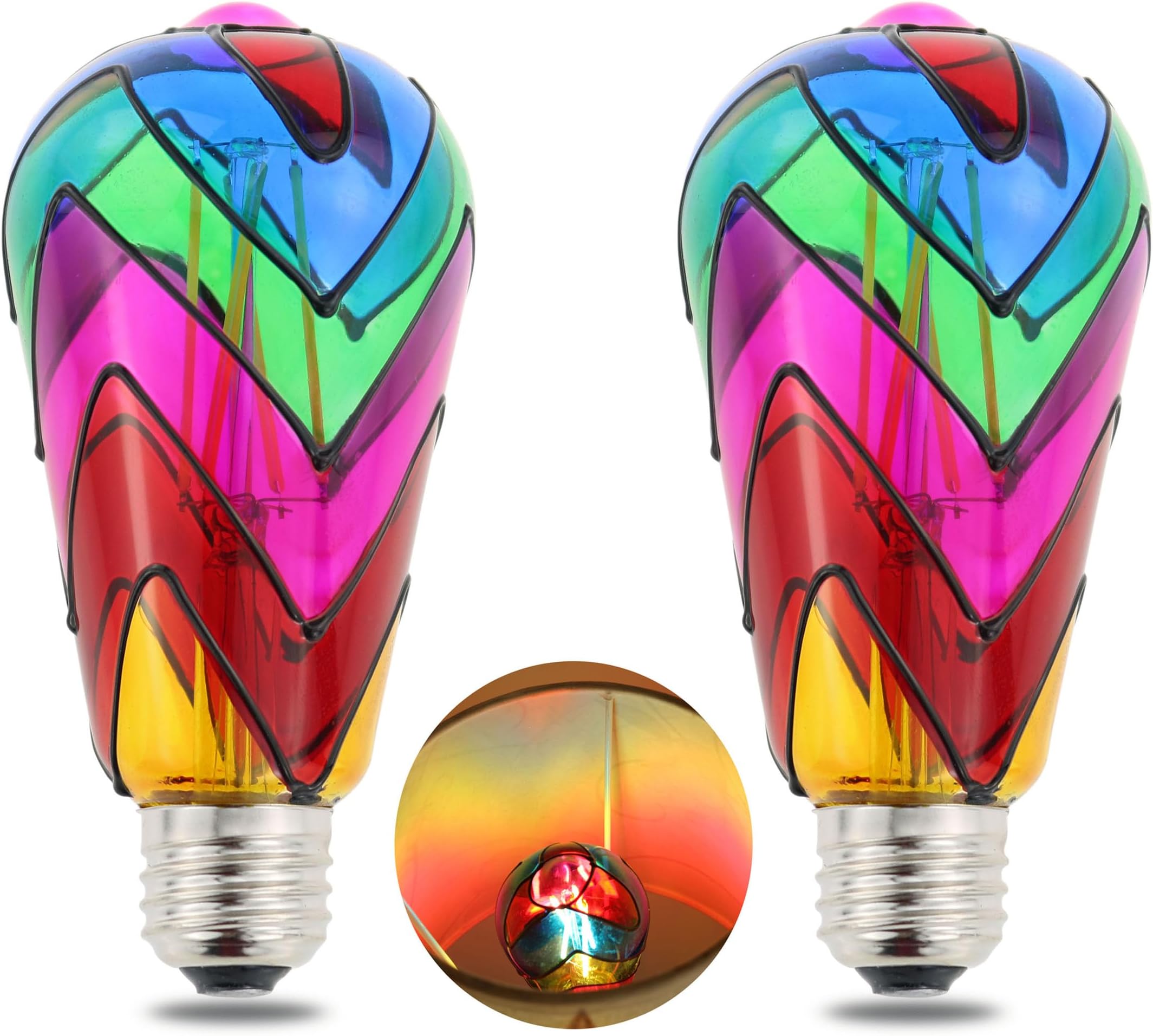 Dimmable Stained Glass LED Light Bulb E26 Base ST64 Shape 6W 120V 2-Pack