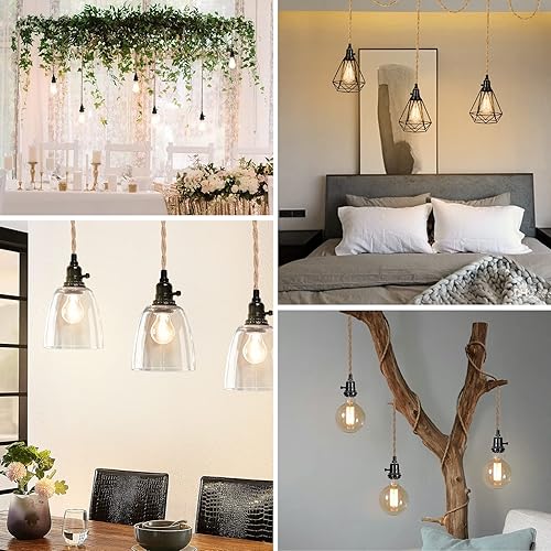 Miniatura 6 de Kit de cable de luz colgante con interruptor de atenuación, luz colgante regulable de 28.5 pies con enchufe de luz triple base E26, cuerda de cáñamo