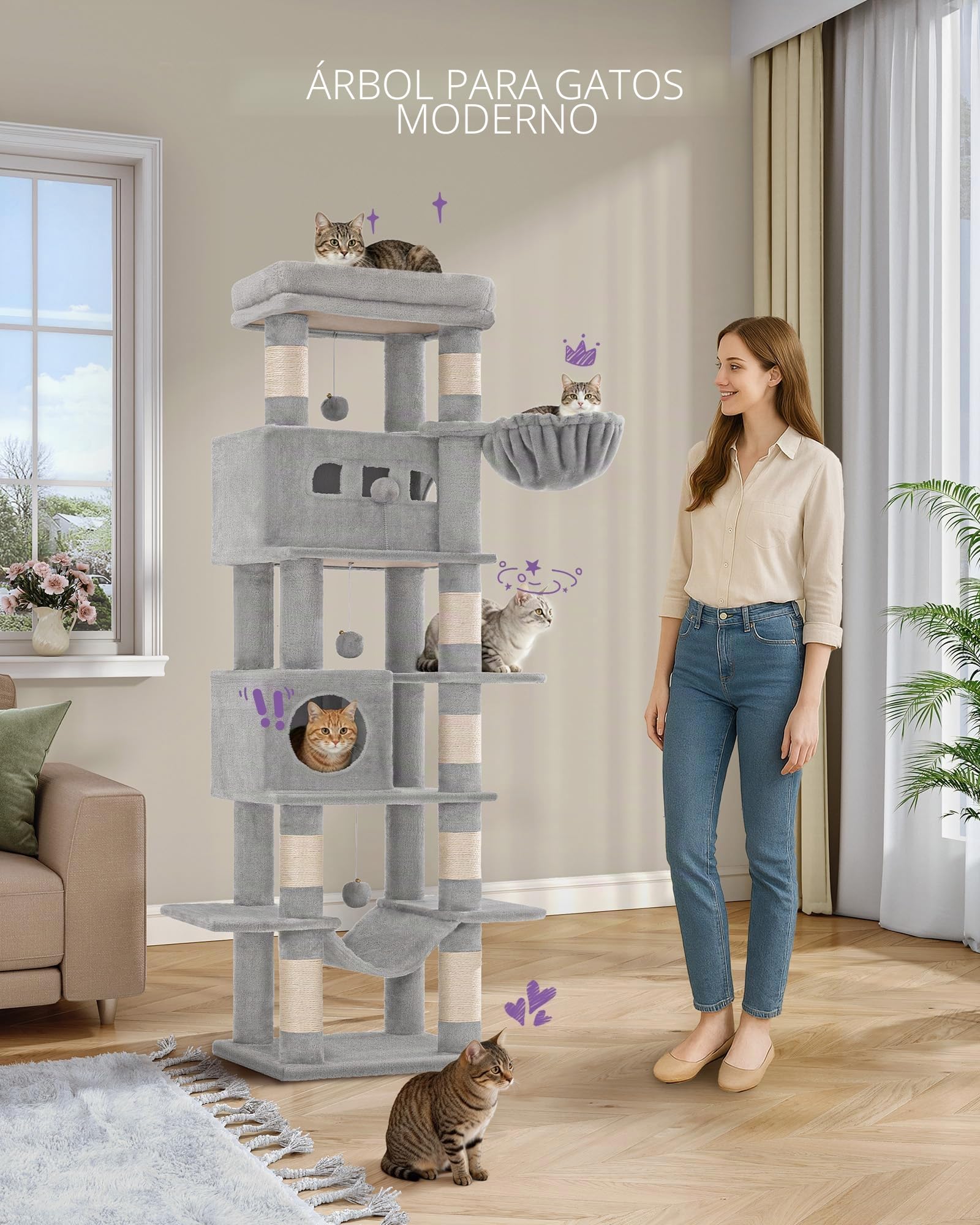 Hzuaneri 170cm Rascador para Gatos, Árbol para Gatos, 2 Cuevas, Plataforma, 1 Hamaca, 1 Cesta, 3 Pompones, L(50 x 40 x 170 cm), Gris Claro MS17018LG