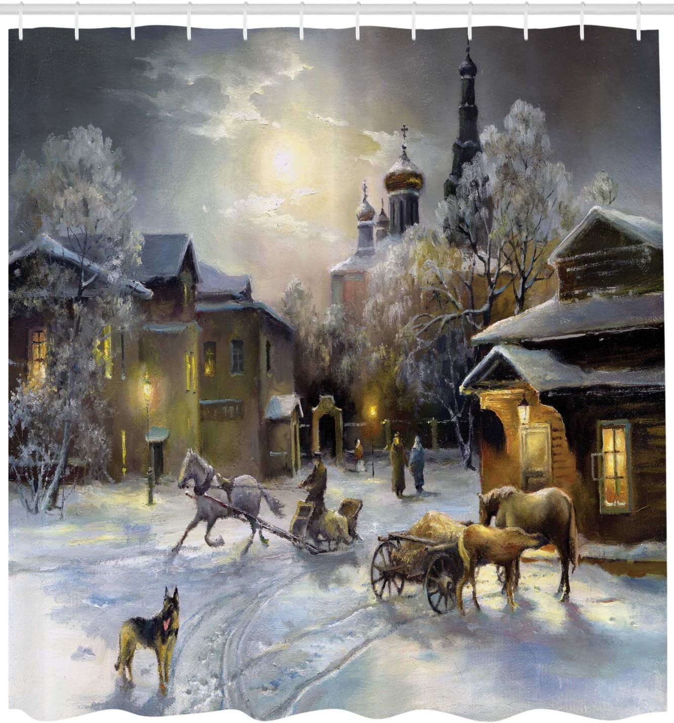 Ambesonne Country Shower Curtain, Winter Landscape of a Western Town at Night in New World Rurals in Retro Style Art, Cloth Fabric Bathroom Decor Set with Hooks, 69" W x 75" L, Gray Yellow