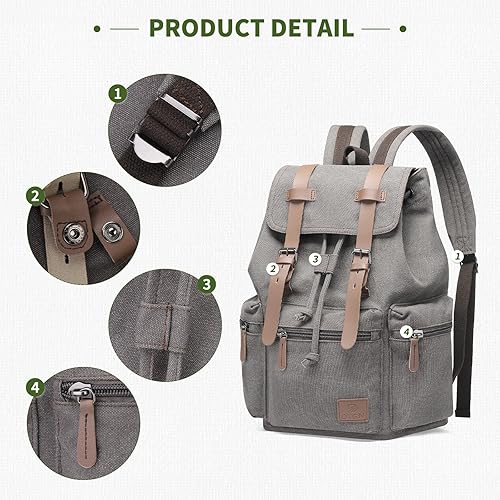 Miniatura 5 de Mochila de lona vintage para hombres y mujeres, mochila casual duradera, apta para la universidad, trabajo, viajes y al aire libre, Gris, Mediana