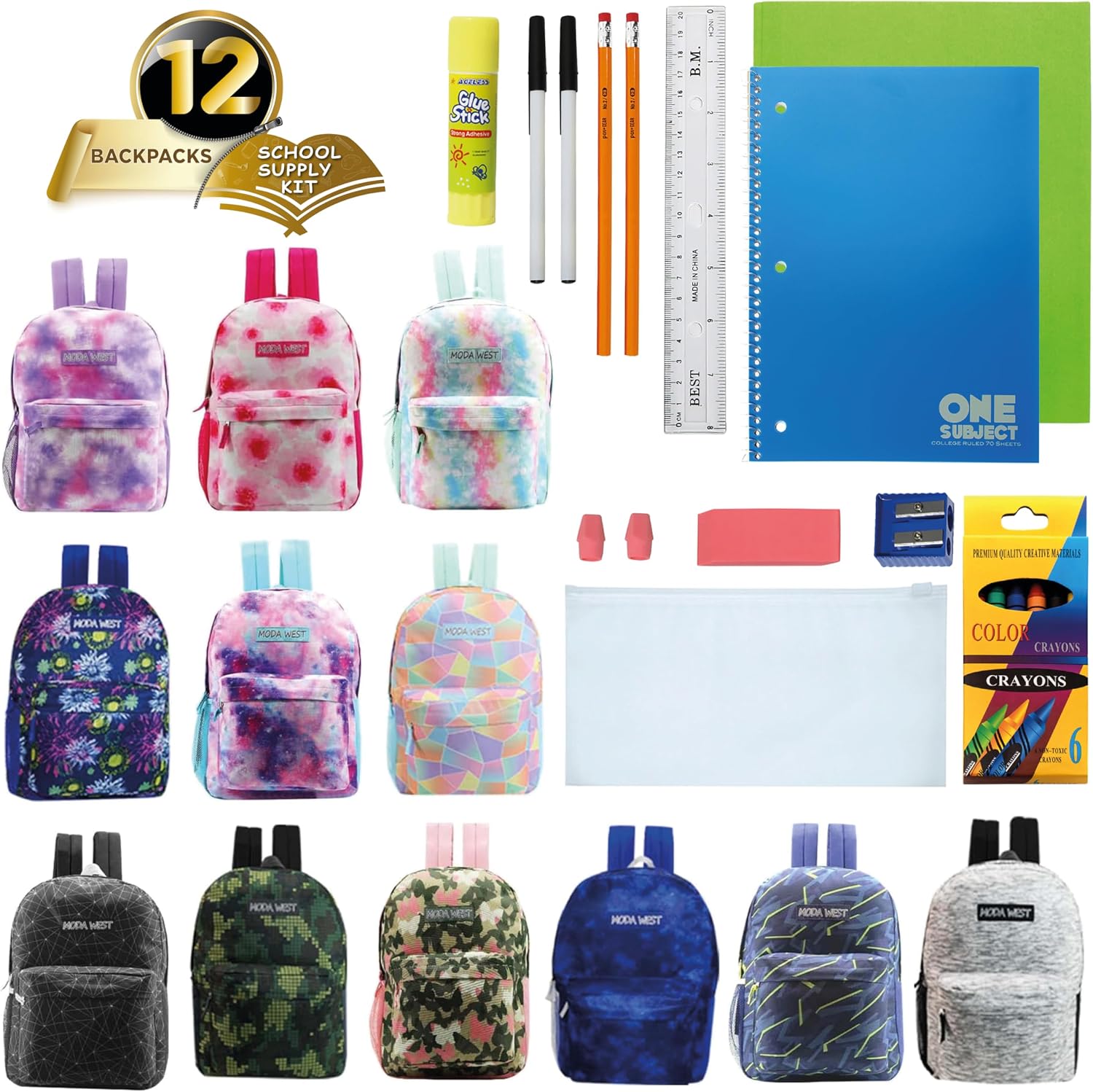 12-Pack 17” Sport Backpacks with 18 Piece School Supplies Kits - Pens, Pencils, Crayons – Bulk Bundle for Elementary, Middle, and High School Students, 12 Assorted Styles